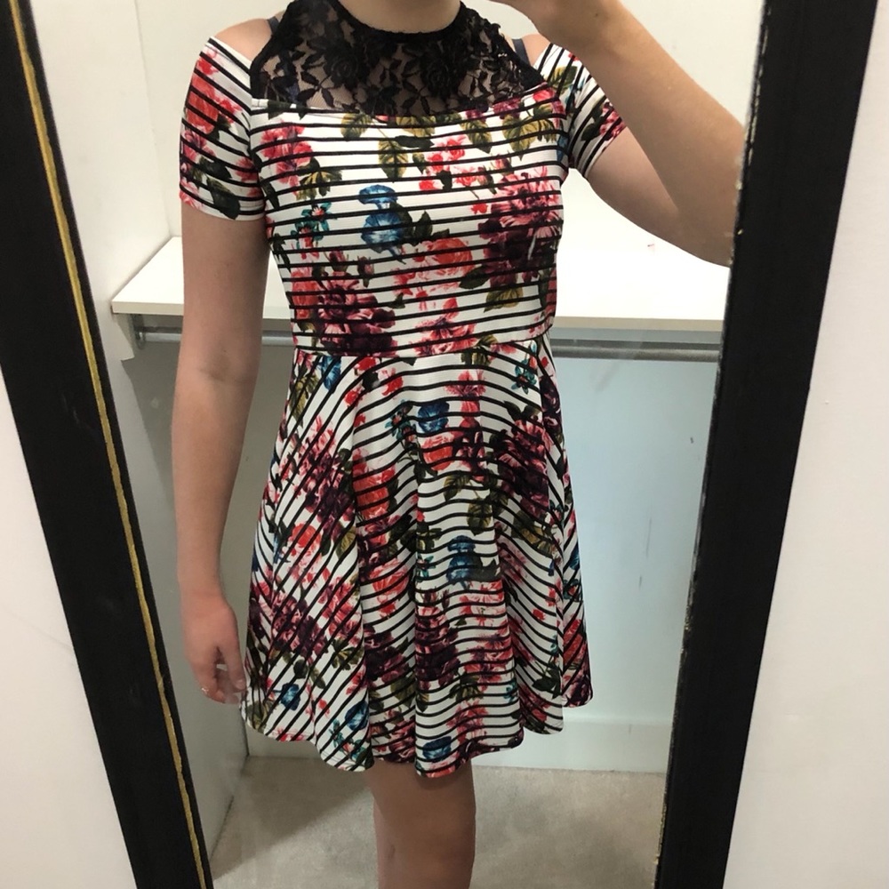 Floral, A-line, lace hater neck dress